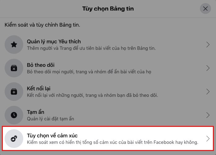 Nhấn chọn Tùy chọn cảm xúc trong mục Tùy chọn bảng tin