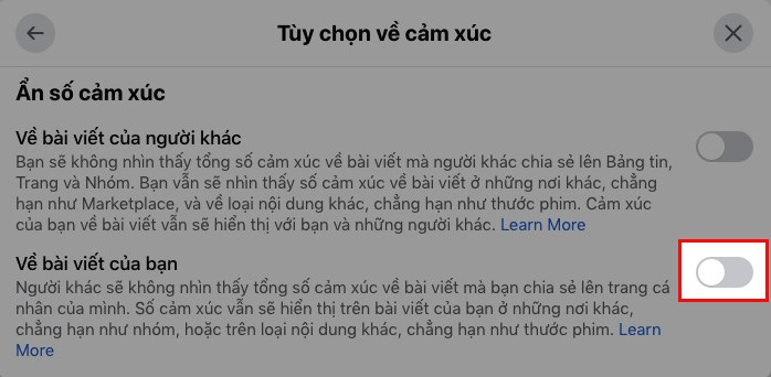 Gạt thanh trượt sang phải để bật tính năng ẩn số like trên Facebook