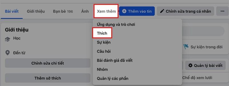 Vào Xem trang cá nhân để tìm và chọn mục Lượt thích